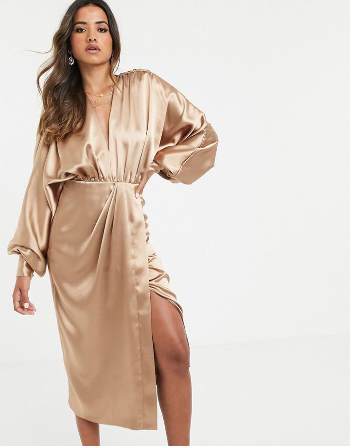 Asos Edition Extreme Sleeve Plunge Midi Dress In Satin-gold
