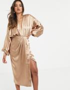 Asos Edition Extreme Sleeve Plunge Midi Dress In Satin-gold