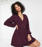 Asos Design Tall Smock Oversized Mini Wrap Dress In Dark Purple
