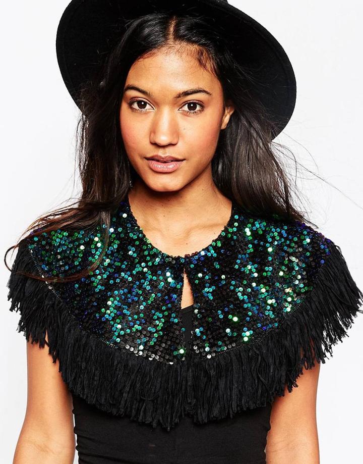 Asos Mini Cape With Holographic Sequins And Fringe - Green