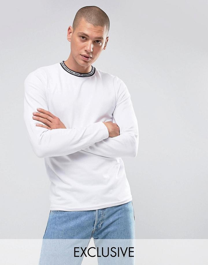 Fila Black Long Sleeve T-shirt With Repeat Logo Neckline In White Exclusive To Asos - White