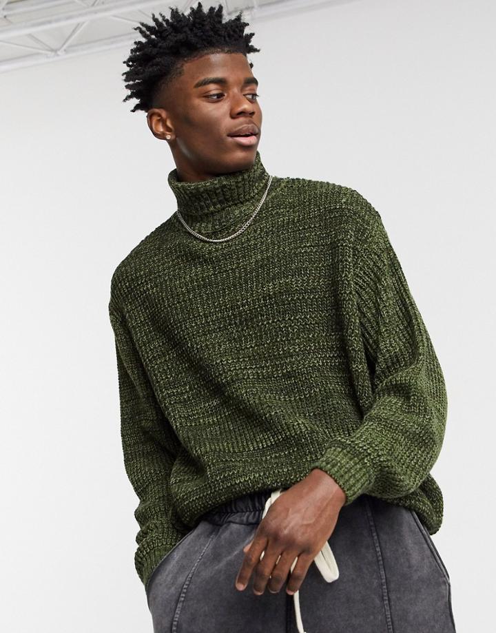 Asos Design Knit Oversized Rib Turtleneck Sweater In Khaki Twist-green