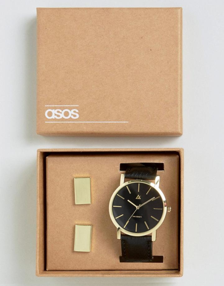 Asos Watch And Cufflink Set In Black And Gold - Black