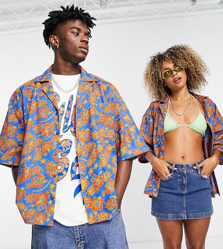 Collusion Unisex Hibiscus Floral Linen Beach Shirt In Multi