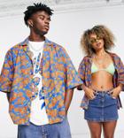 Collusion Unisex Hibiscus Floral Linen Beach Shirt In Multi