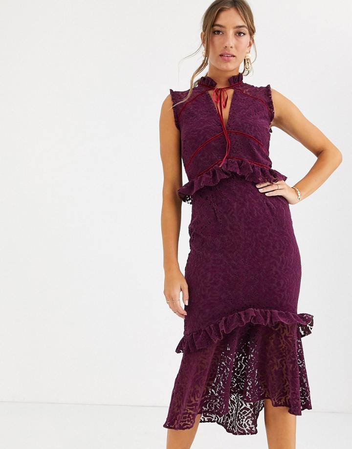 Hope & Ivy Allover Lace High Neck Midi Dress With Ruffle And Velvet Trim In Berry