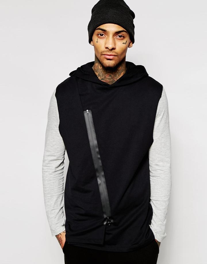 Asos Longline Sleeveless Hoodie With Asymmetric Zip - Black