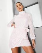 Club L London Iridescent High Neck Sequin Belted Mini Dress In Pink