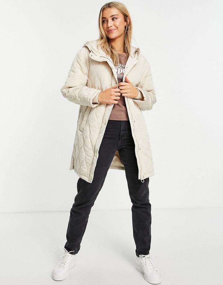 Pull & Bear Quilted Puffer Coat With Hood In Ecru-white