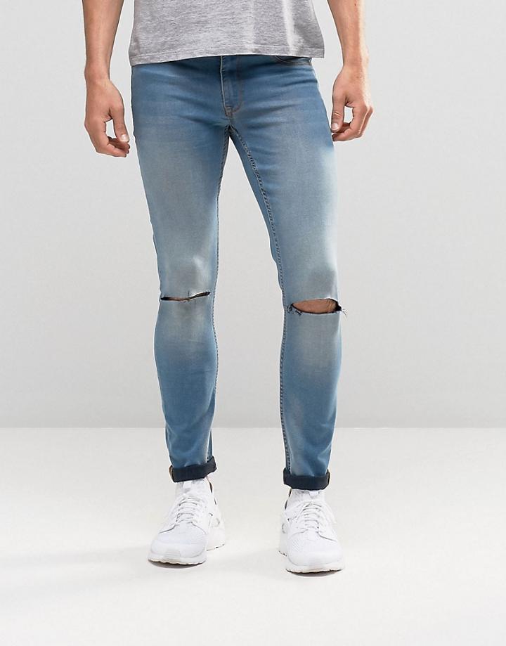 Asos Spray On Jeans In Mid Wash With Knee Rips - Mid Blue