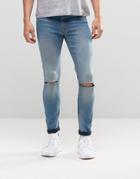 Asos Spray On Jeans In Mid Wash With Knee Rips - Mid Blue