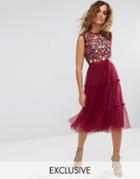 Needle And Thread High Neck Midi Tulle Dress With Embroidery And Embellishment - Red