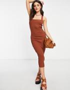 Asos Design Knitted Rib Midi Dress With Square Neck In Brown