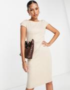 Closet London Puff Shoulder Pencil Dress With Bodice Detail In Taupe-neutral