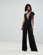 Asos Plunge Neck Jumpsuit With Wide Leg And Open Back-black
