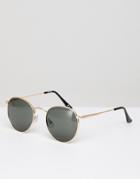 Asos Round Sunglasses In Gold With Nose Bridge Detail - Gold