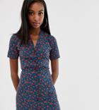 Fashion Union Tall Fitted Shirt Dress In Ditsy Floral - Navy