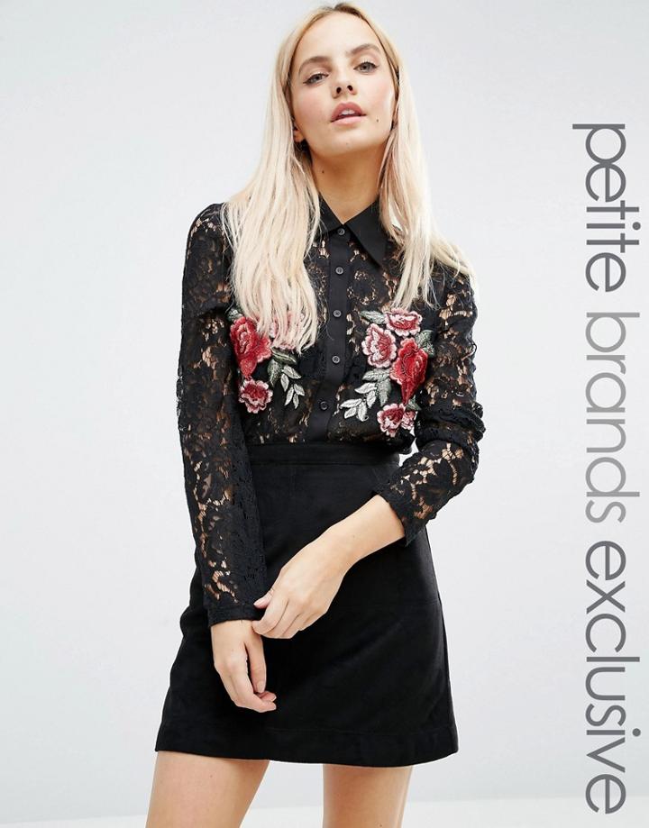 Fashion Union Petite Lace Blouse With Floral Applique Detail - Black