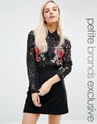 Fashion Union Petite Lace Blouse With Floral Applique Detail - Black