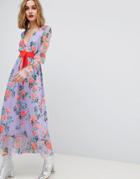 Asos Printed Mesh Maxi Dress With Contrast Belt - Multi