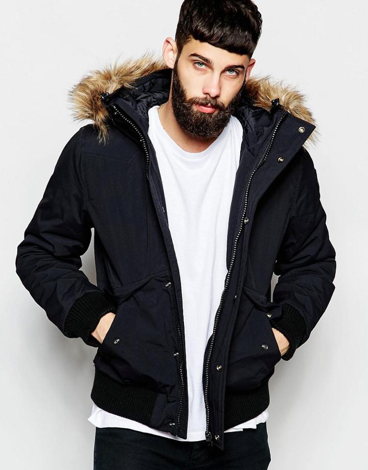 Schott Cropped Jacket With Faux Fur Trim - Black