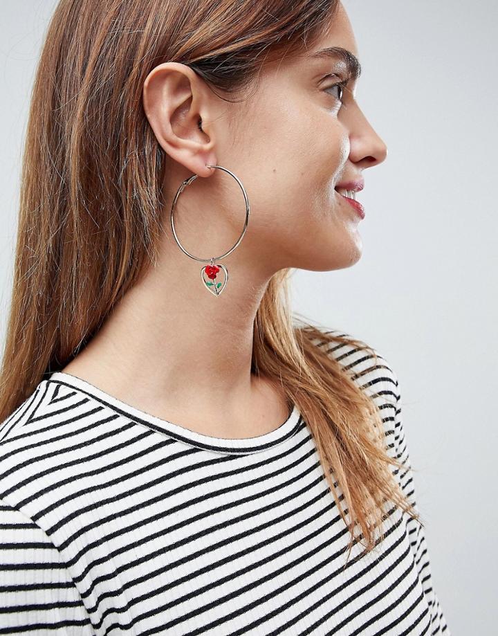 Asos Enamel Rose Heart Hoop Earrings - Gold