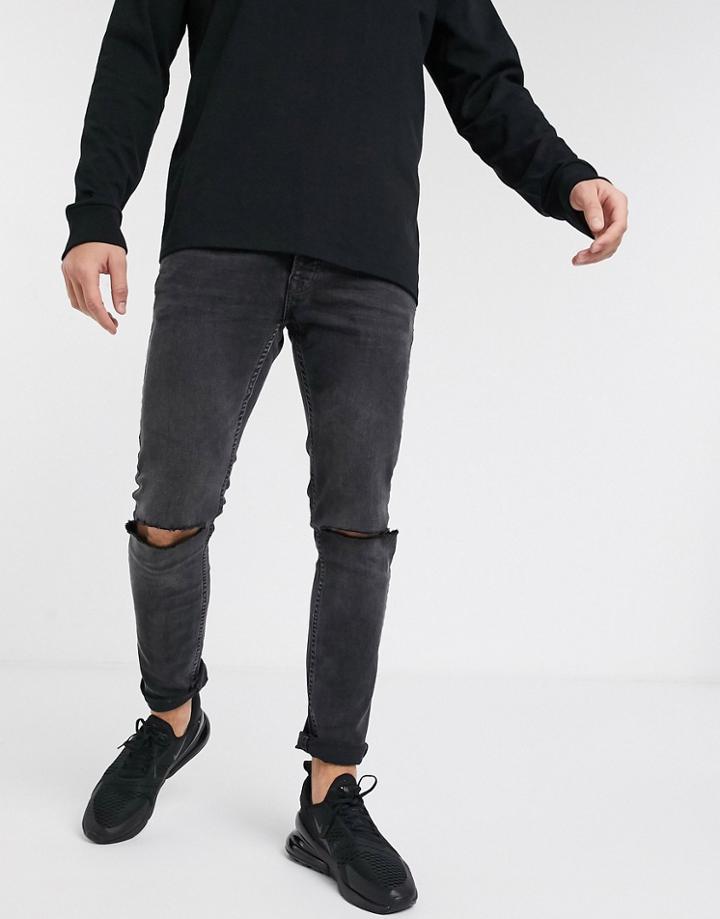Topman Stretch Skinny Jeans With Knee Rips In Washed Black