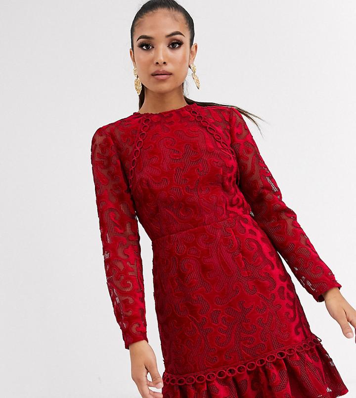 Asos Design Petite Premium Laser Cut Velvet Mini Dress With Pephem