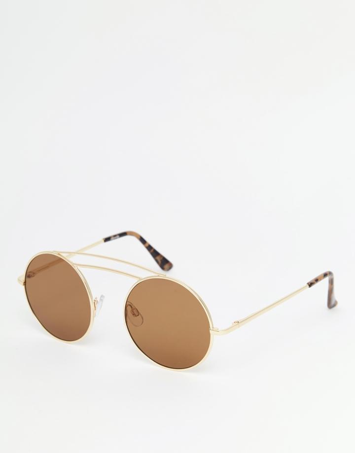 Asos Metal Round Sunglasses With Double High Bar And Flat Lens - Gold