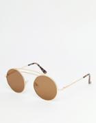 Asos Metal Round Sunglasses With Double High Bar And Flat Lens - Gold