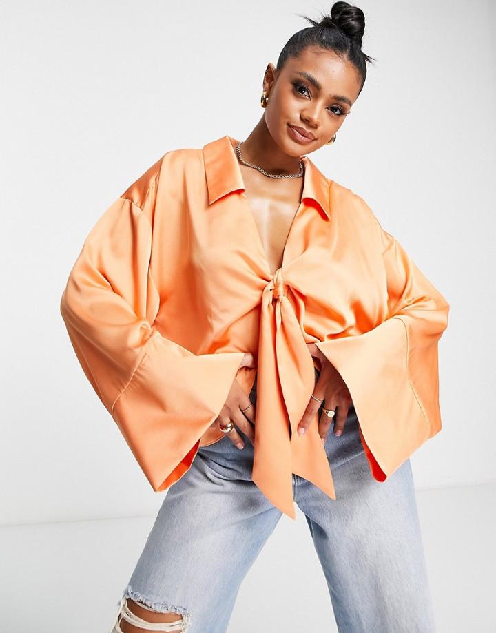 Asos Design Tie Front Satin Shirt With Kimono Sleeve In Coral Gold-orange