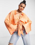 Asos Design Tie Front Satin Shirt With Kimono Sleeve In Coral Gold-orange