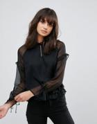 Pieces Elom Sheer Tie Sleeve Blouse - Black