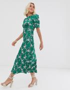 Asos Design Midi Tea Dress In Green Floral Print - Multi