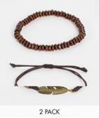 Asos Design 2 Pack Beaded Bracelet Set In Brown With Feather-black
