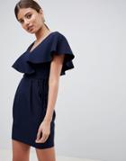 Asos Design Double Layer Ruffle Wrap Mini Dress - Navy