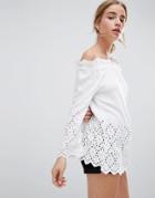 Qed London Off Shoulder Broderie Trim Top - White