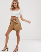 Glamorous Belted Shorts In Faux Leather-beige