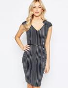 Vesper Pencil Dress With Belt In All Over Stripe - Mono