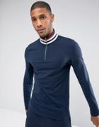 Asos Muscle Long Sleeve T-shirt With Retro Stripe Rib And Zip Neck - Navy