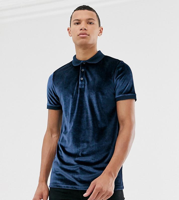 Asos Design Tall Polo Shirt In Velour In Navy