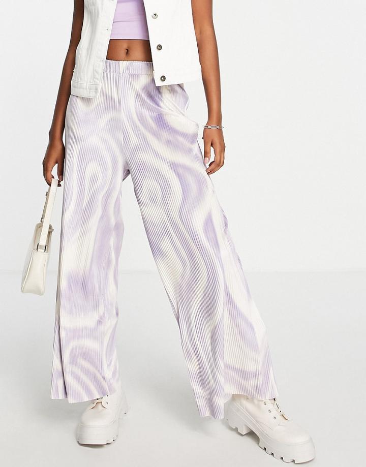 Asos Design Wide Leg Pants In Velour Plisse In Lilac Swirl Print-multi