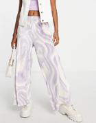 Asos Design Wide Leg Pants In Velour Plisse In Lilac Swirl Print-multi