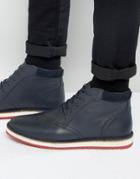 Asos Lace Up Boots In Navy Leather With Ripple Sole - Navy