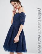Chi Chi London Petite Bardot Long Sleeve All Over Lace Dress - Navy