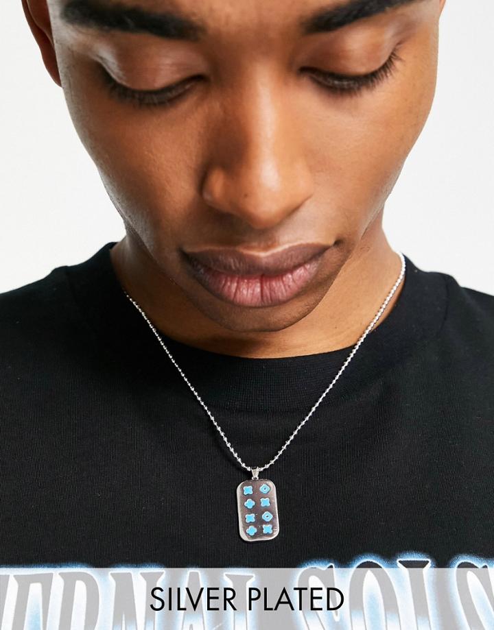 Asos Design Ball Chain Necklace With Dogtag And Blue Monogram Print Pendant In Real Silver Plate