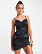 Lola May Satin Cami Mini Dress With Lace Detail In Black-pink