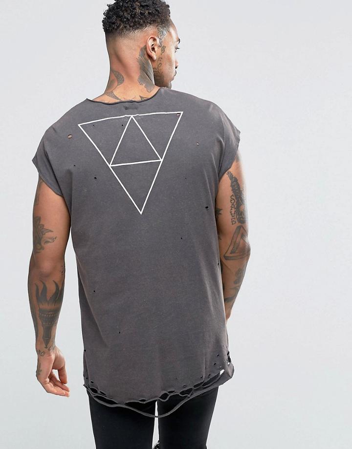 Asos Oversized T-shirt With Back Print And Heavy Distressing - Washed Black
