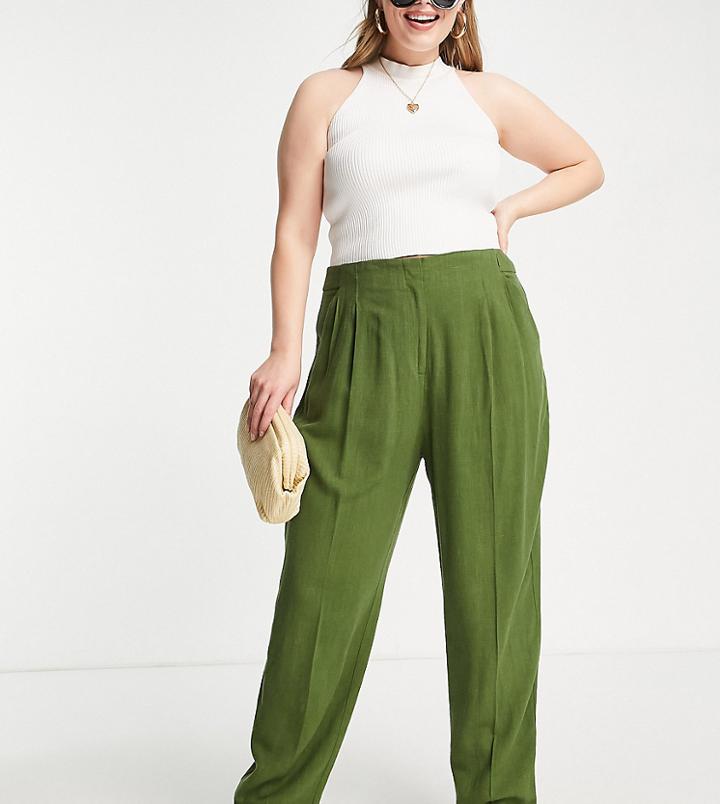 Asos Design Curve Linen Soft Tapered Mom Pants In Khaki-green