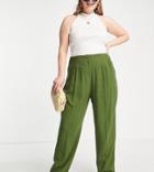 Asos Design Curve Linen Soft Tapered Mom Pants In Khaki-green